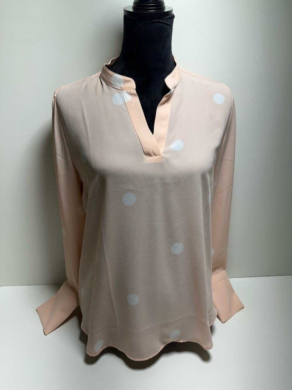 Loft Polka Dot Blouse w/slit Neck long sleeve Peach and White Sheer Classic